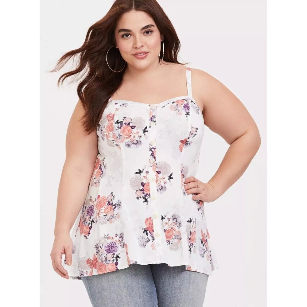 Torrid Challis Seamed Cami Babydoll‎ Spring Fling Floral, White Purple Pink 5 5X